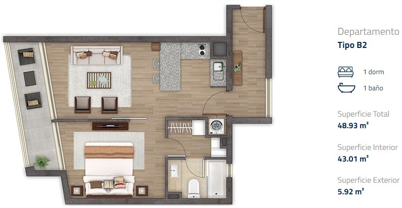 VENTA DEPARTAMENTO 1D/1B 49m2 METRO REPÚBLICA